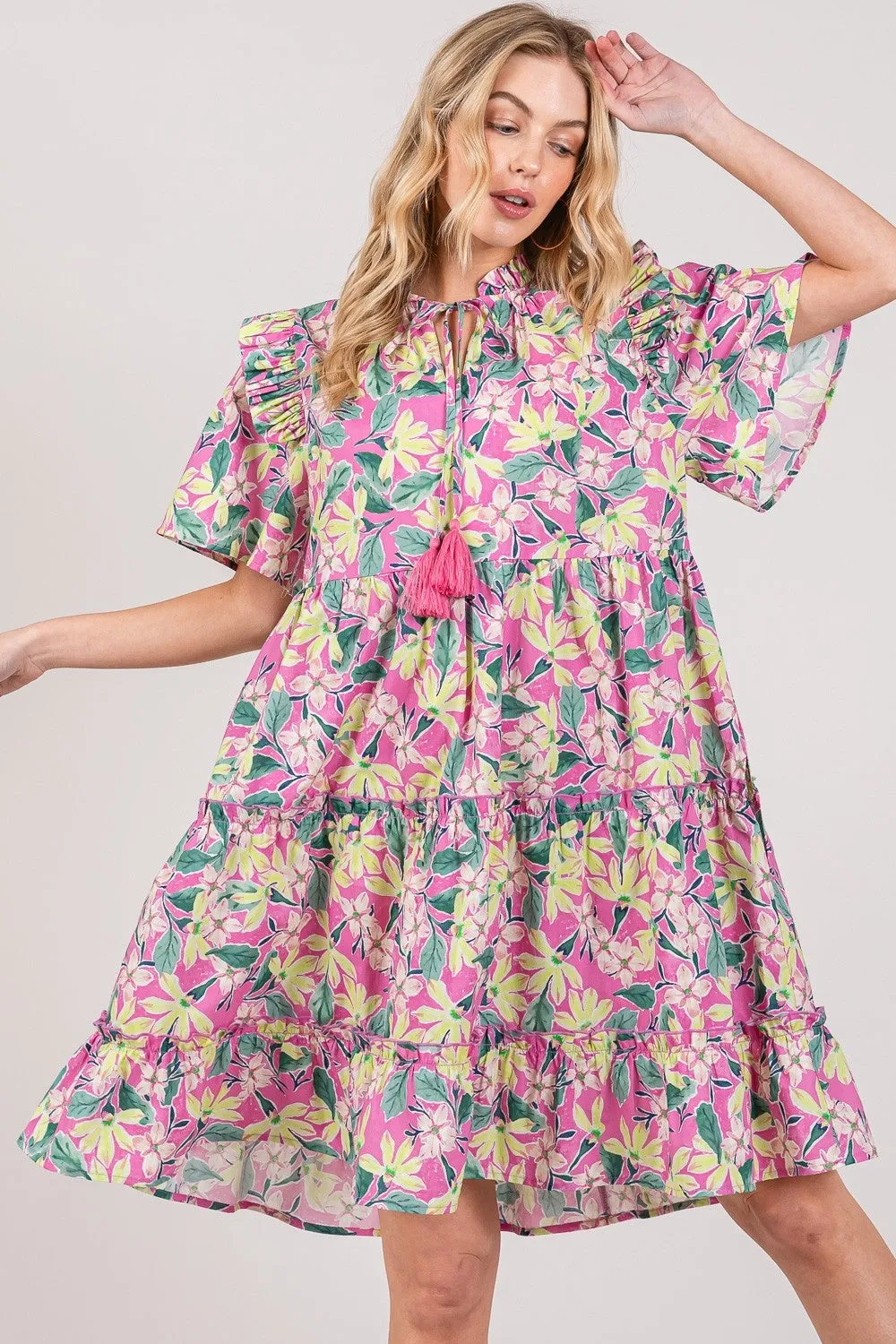 SAGE   FIG Floral Ruffle Short Sleeve Dress