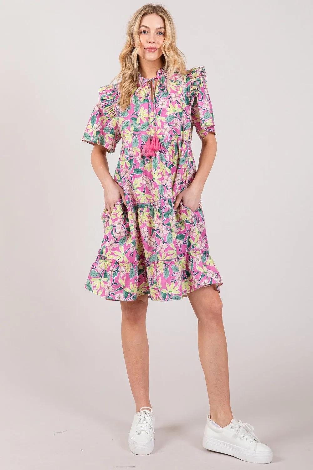 SAGE   FIG Floral Ruffle Short Sleeve Dress