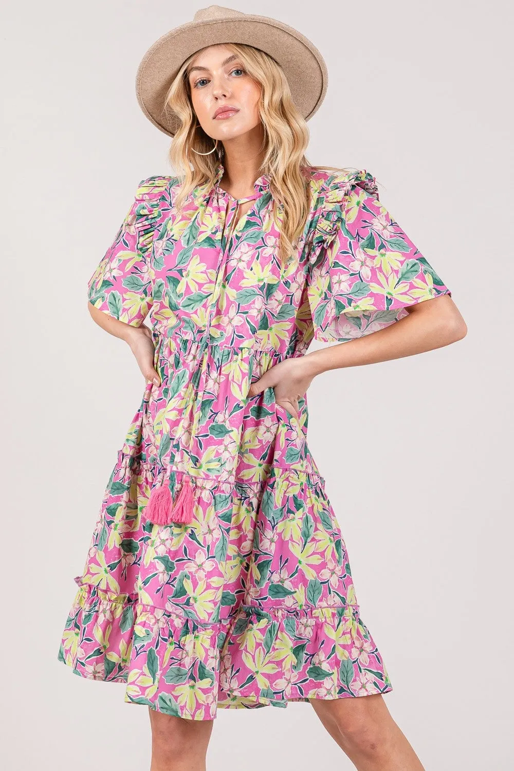 SAGE   FIG Floral Ruffle Short Sleeve Dress