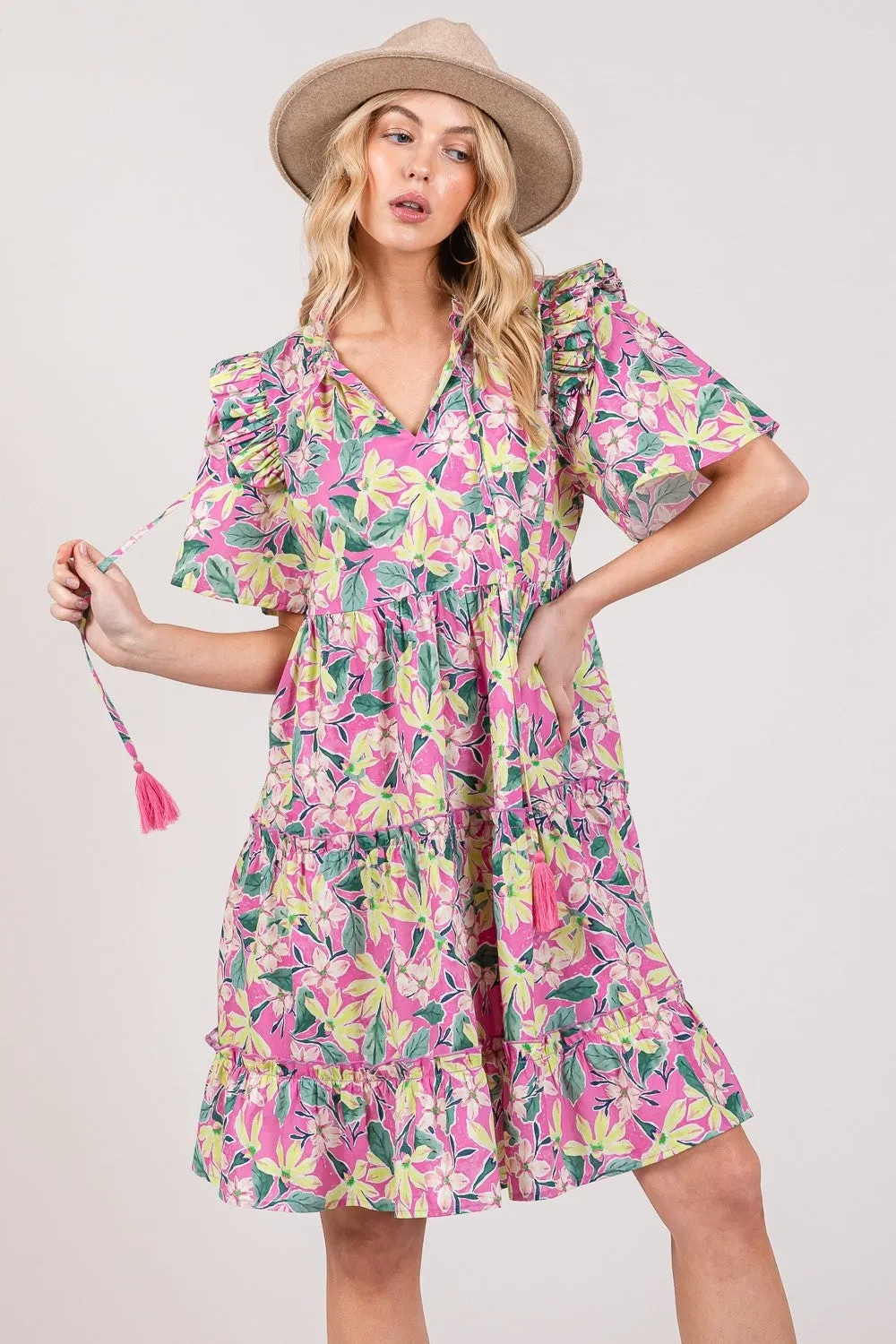 SAGE   FIG Floral Ruffle Short Sleeve Dress