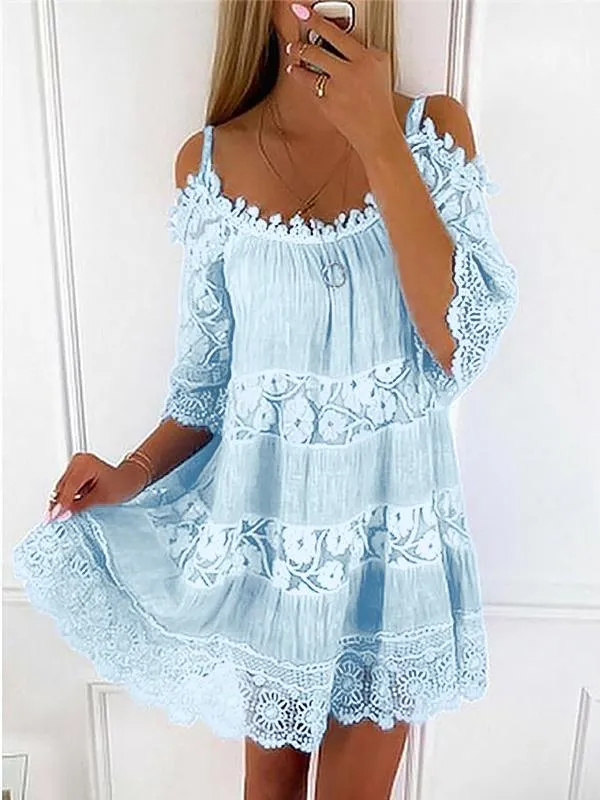 Sexy Spaghetti Strap Half Sleeve Off Shoulder Lace Panel  Dress