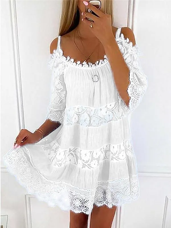 Sexy Spaghetti Strap Half Sleeve Off Shoulder Lace Panel  Dress