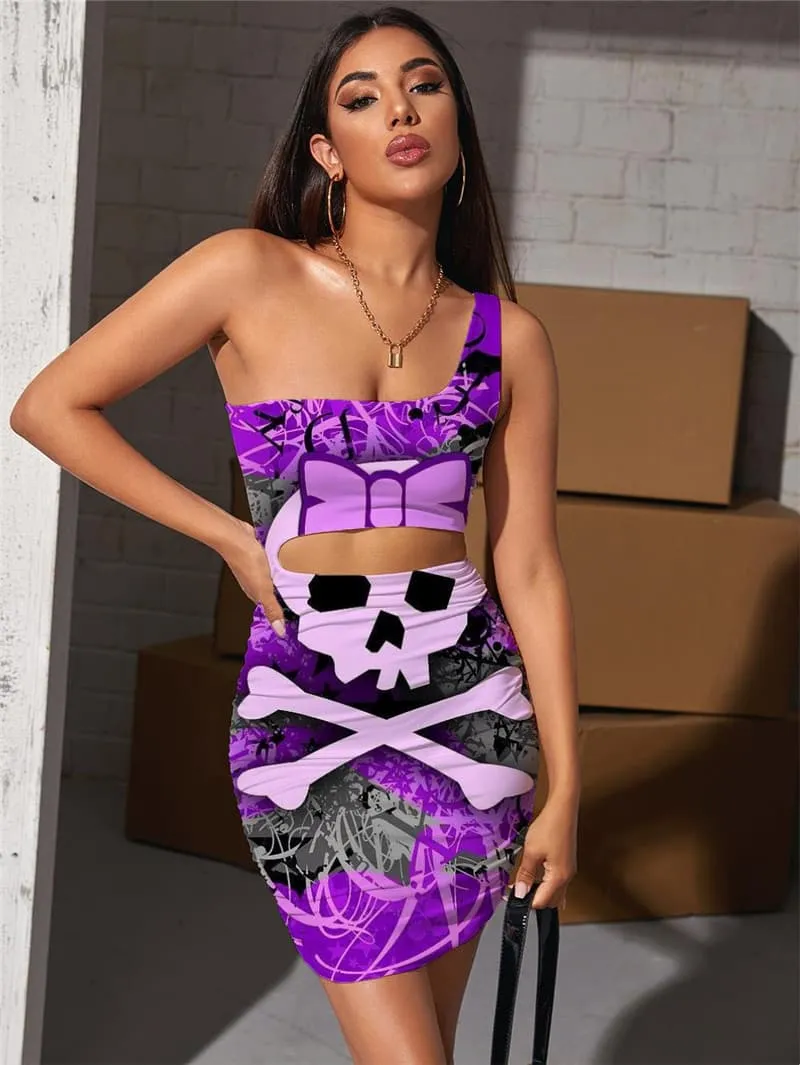 Skull Dresses Women Kawaii Pleating Hip Hop Bodycon Dress Lovely Hollow out Dresses