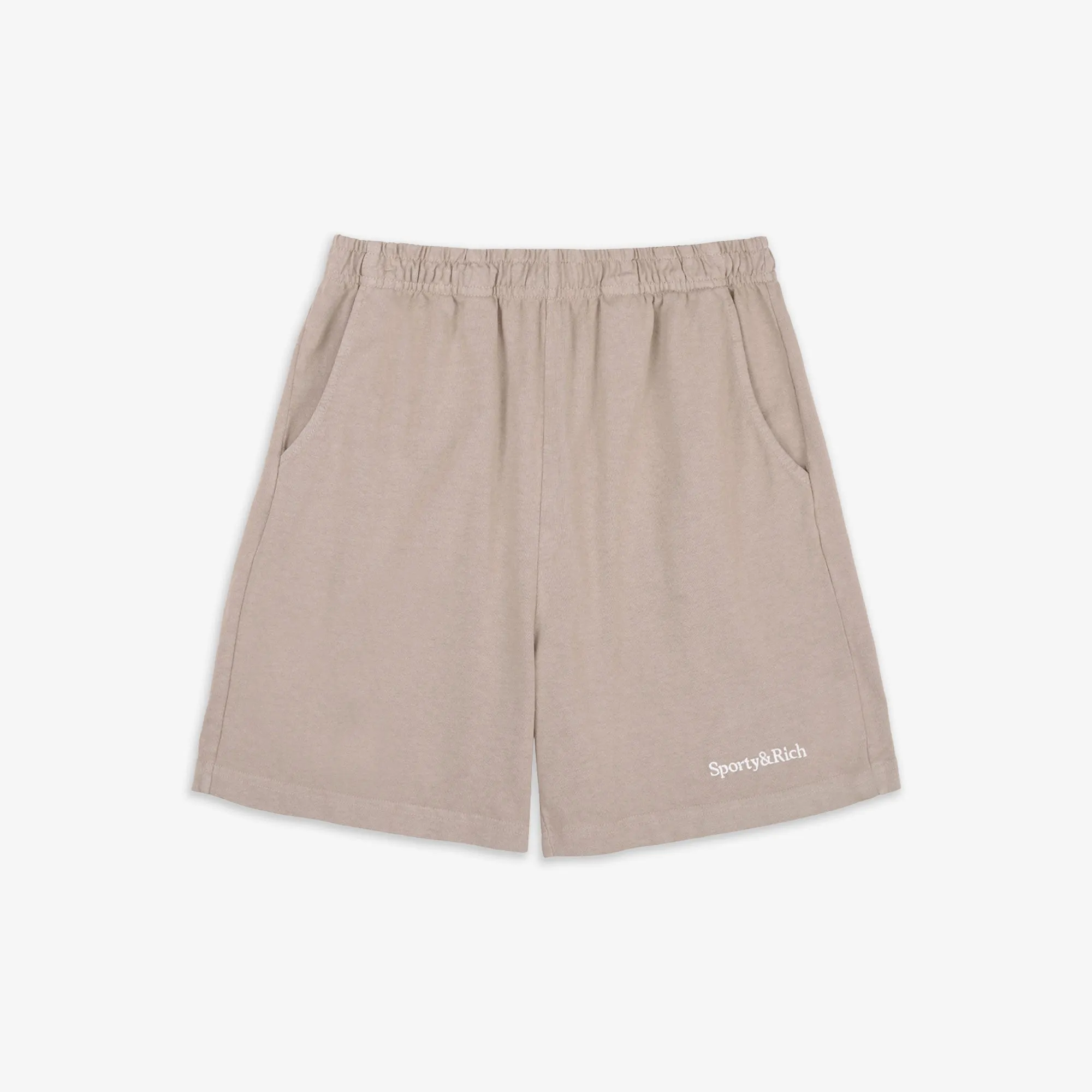 SPORTY & RICH | SERIF LOGO EMBROIDERED GYM SHORT { ELEPHANT/WHITE