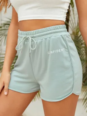 Sporty Letter Drawstring Natural Women Shorts