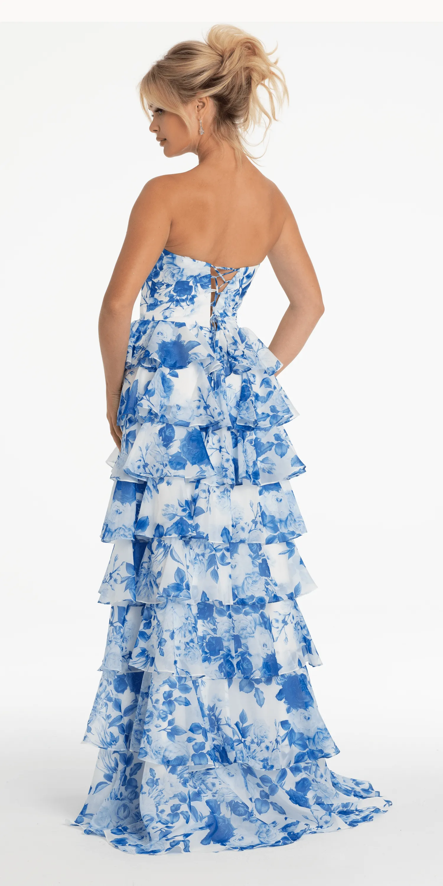 Strapless Floral Chiffon Tiered Ballgown with Side Slit