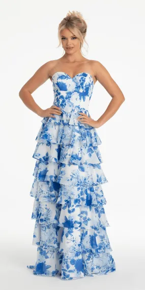 Strapless Floral Chiffon Tiered Ballgown with Side Slit