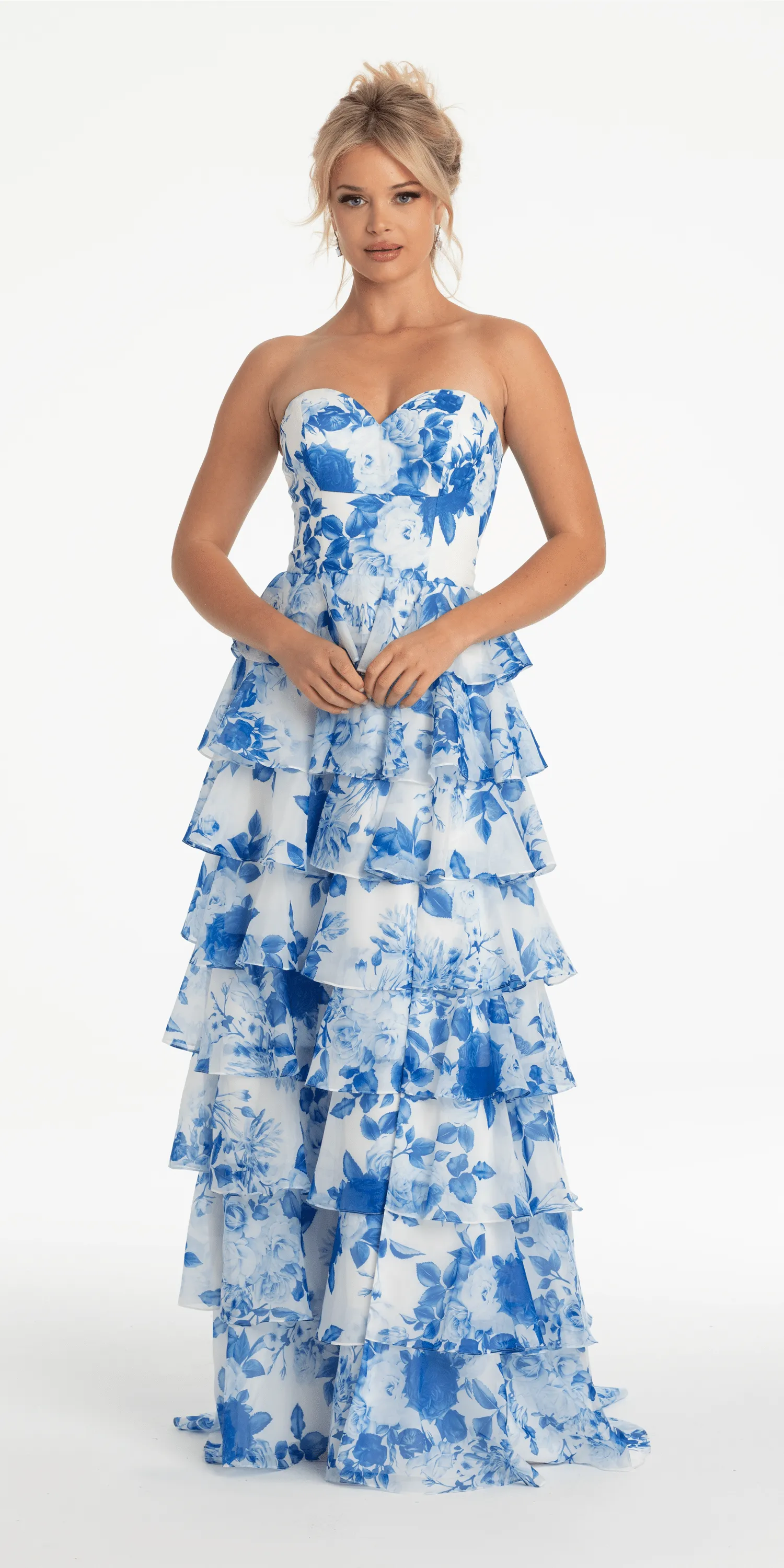 Strapless Floral Chiffon Tiered Ballgown with Side Slit