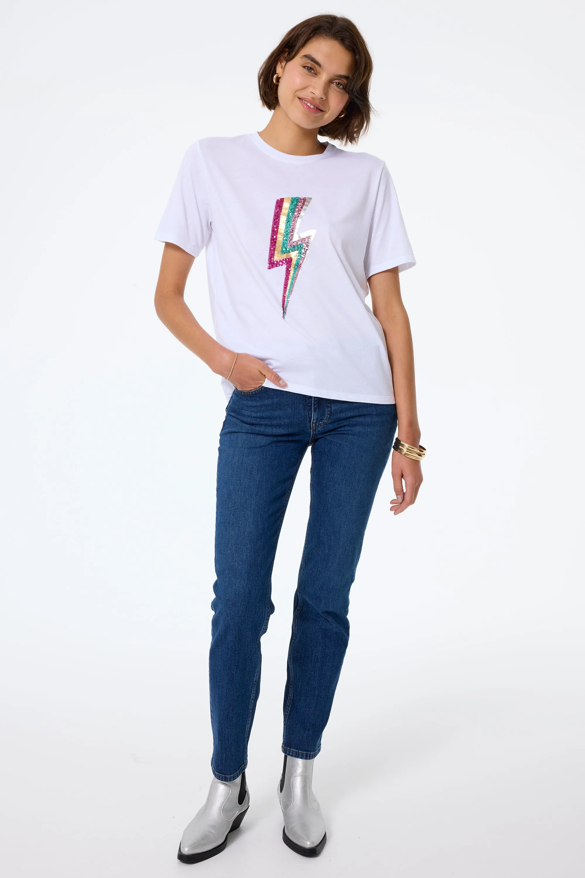 White with Multi Coloured Sequin and Foil Lightning Bolt T-Shirt