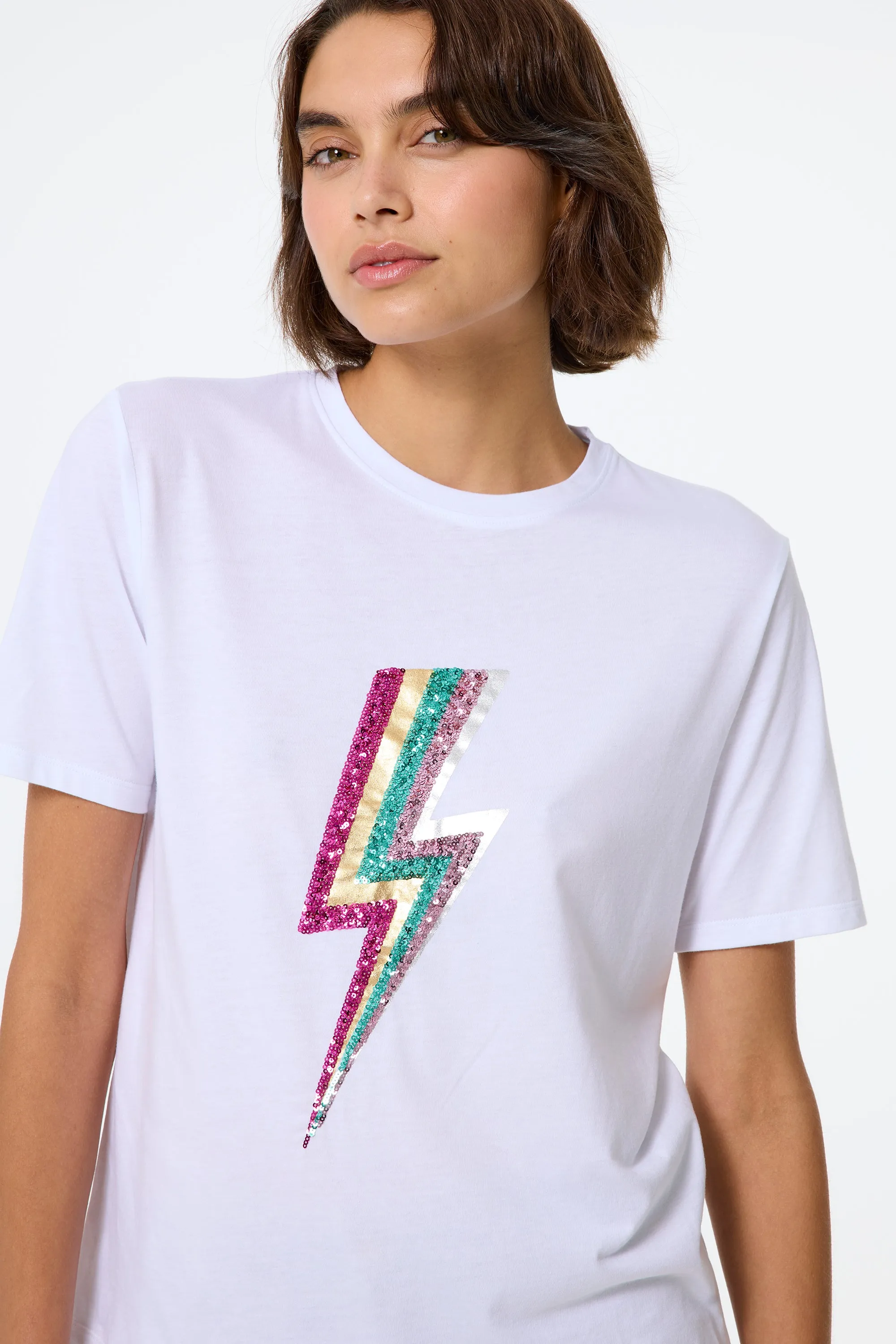 White with Multi Coloured Sequin and Foil Lightning Bolt T-Shirt