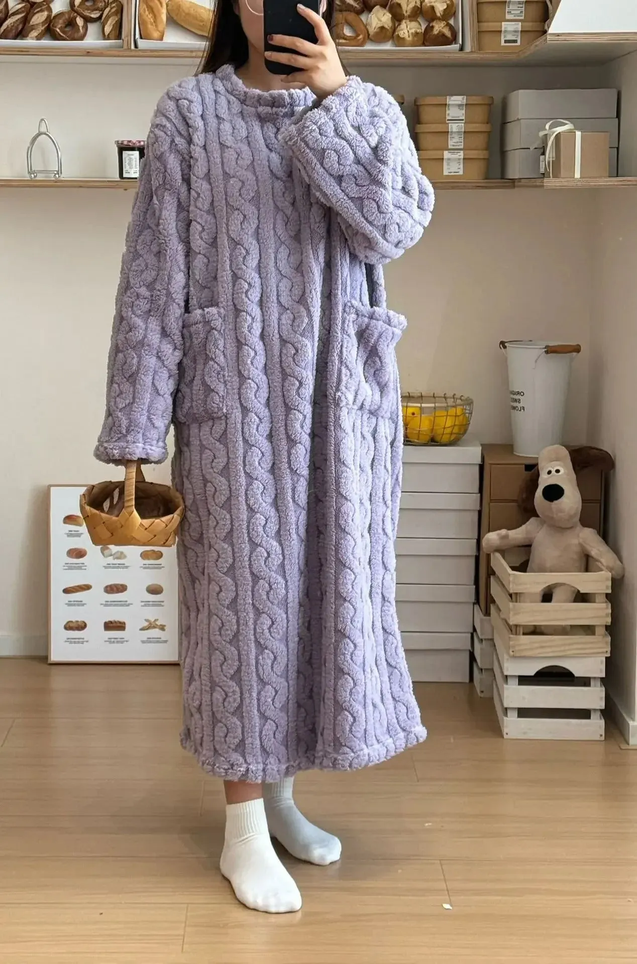 Winter Long Sleeve Double Pocket Flannel Nightgowns Women Loose Solid Sleepwear Jacquard Night Dress Thickened Warm Nightdress