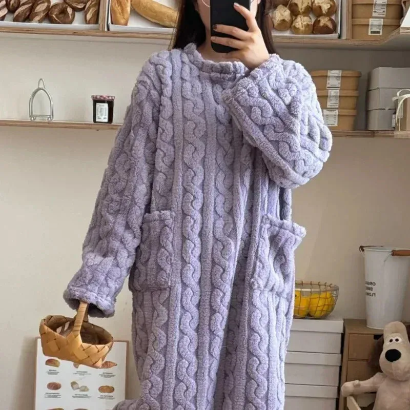 Winter Long Sleeve Double Pocket Flannel Nightgowns Women Loose Solid Sleepwear Jacquard Night Dress Thickened Warm Nightdress