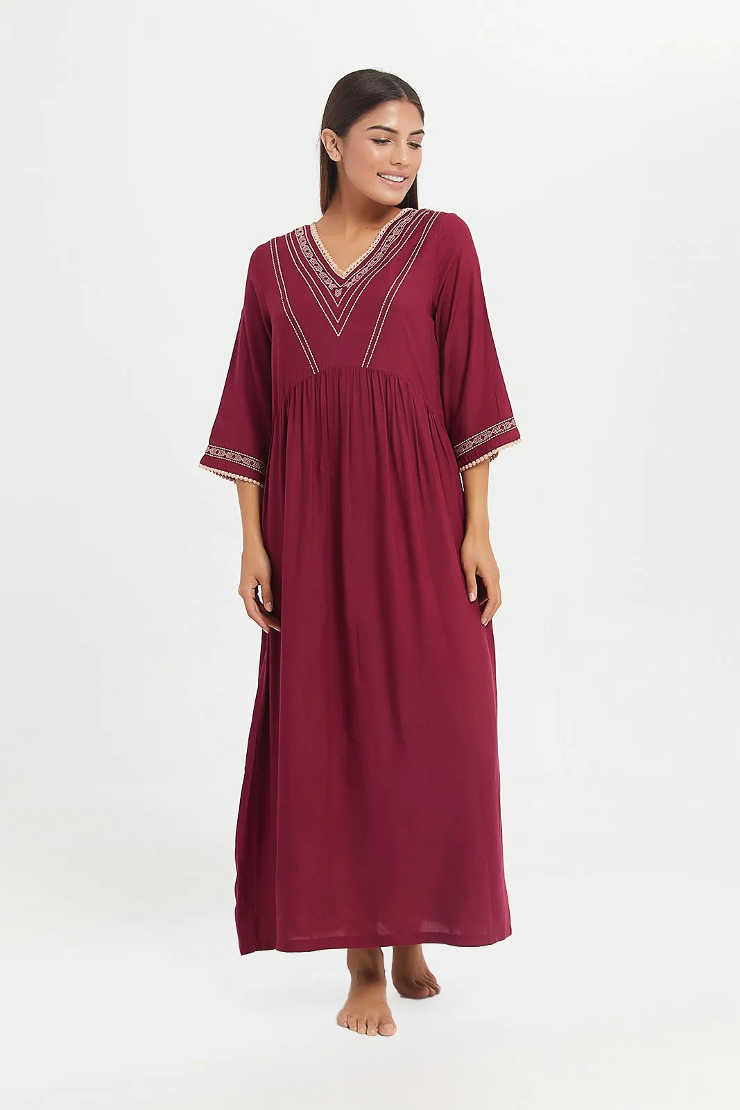 Women Burgundy Embroidery Nightgown