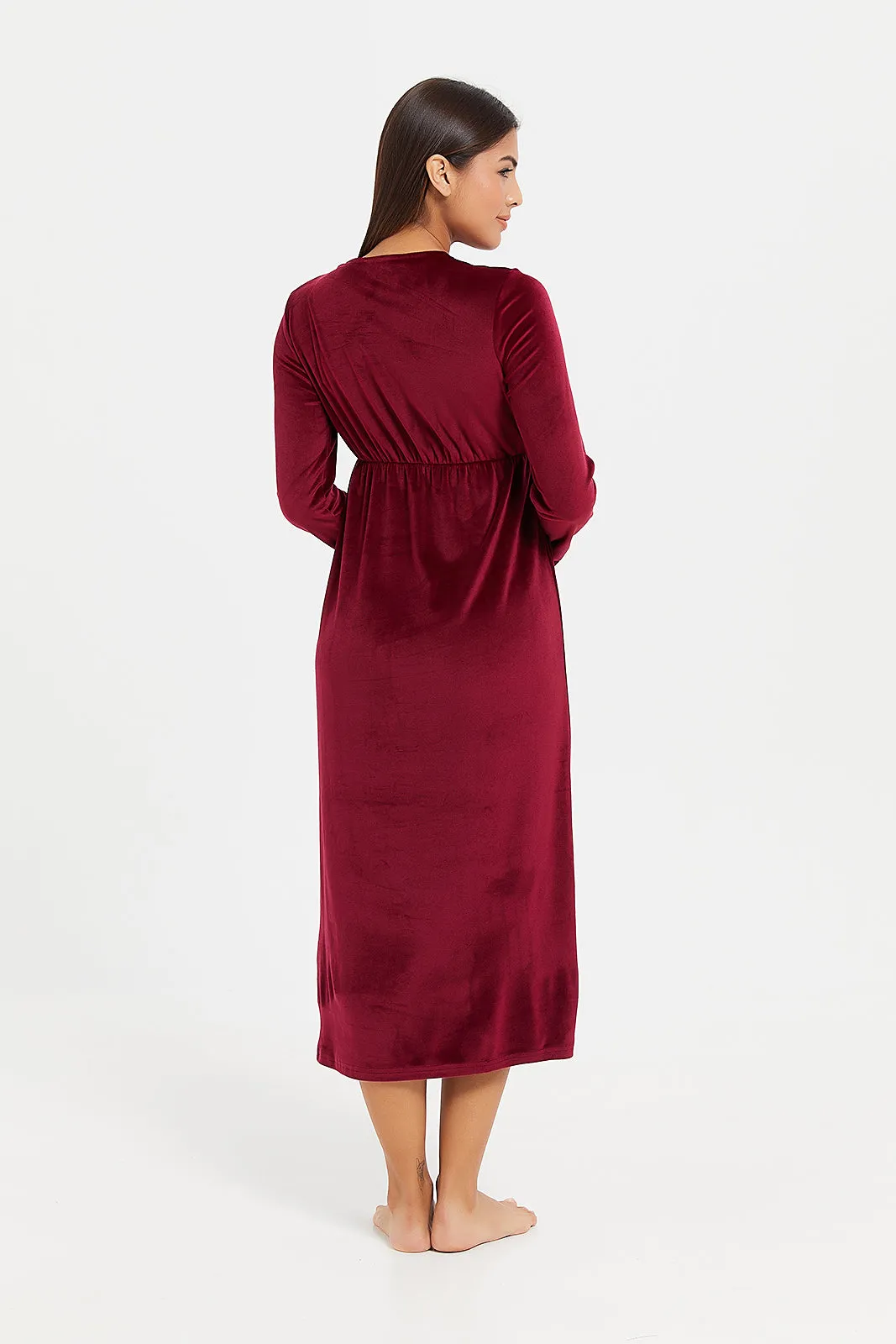 Women Burgundy Velvet Solid Nightgown