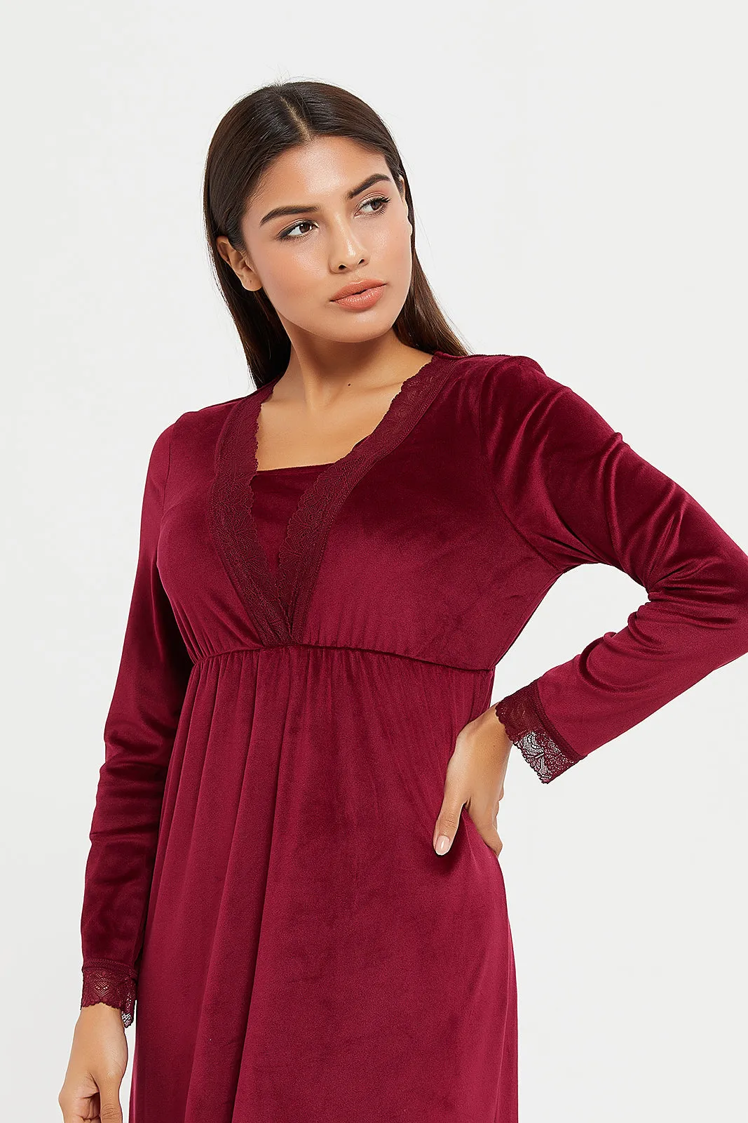 Women Burgundy Velvet Solid Nightgown