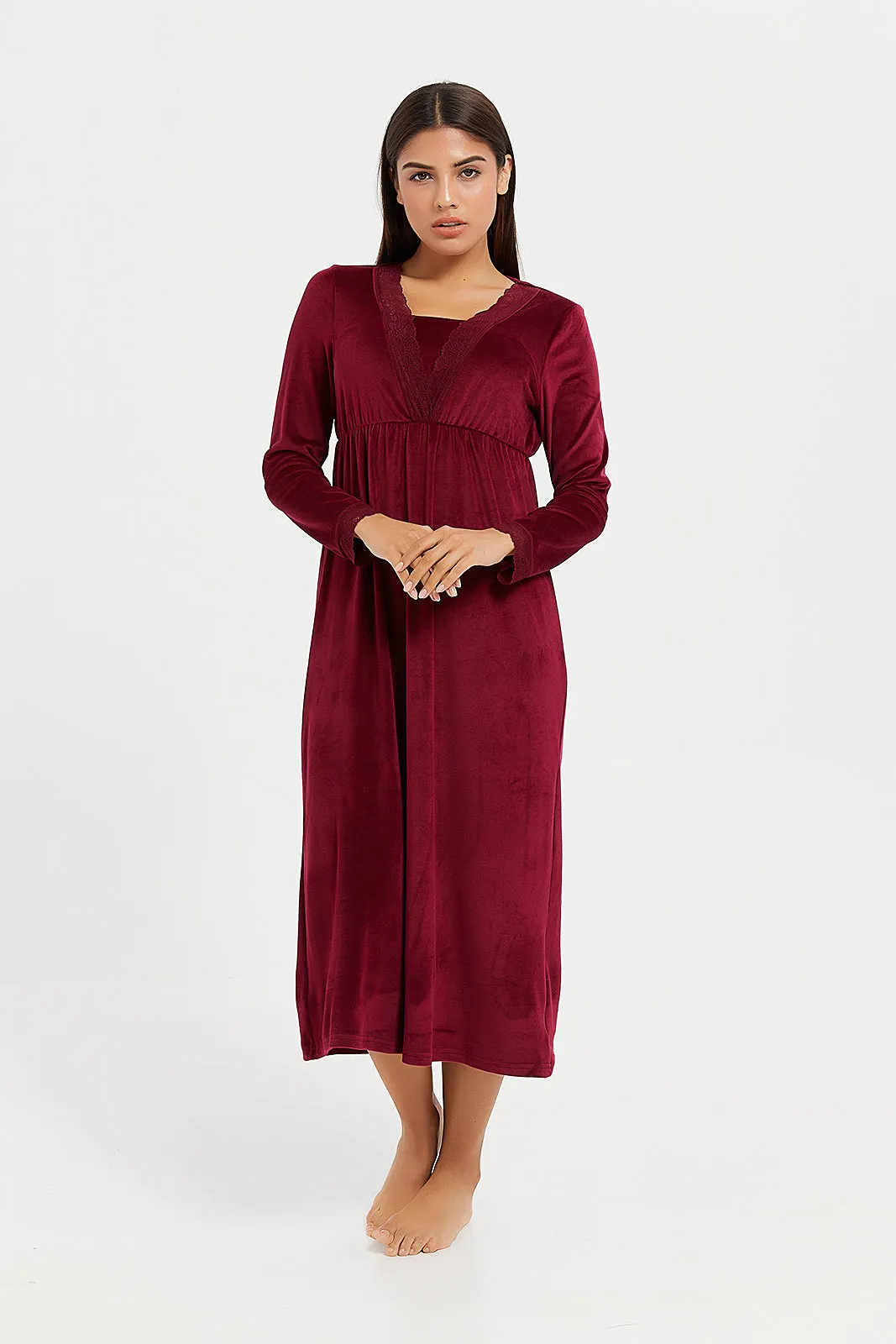 Women Burgundy Velvet Solid Nightgown