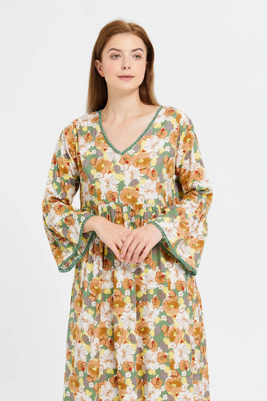 Women Green Floral Print V-Shape Nightgown