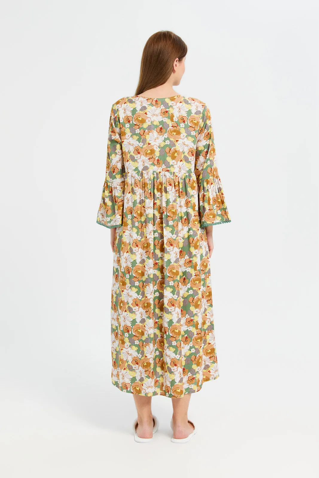 Women Green Floral Print V-Shape Nightgown