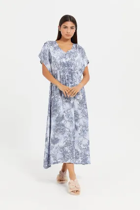 Women Grey Printed Dobby Nightgown