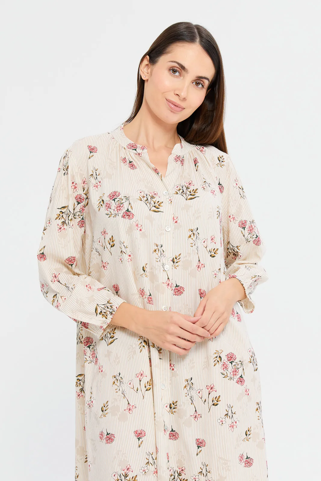 Women Ivory Floral Print Nightgown