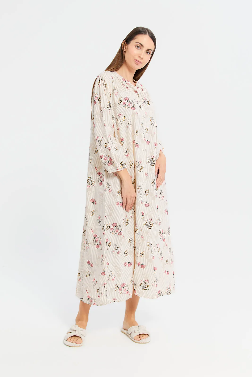 Women Ivory Floral Print Nightgown