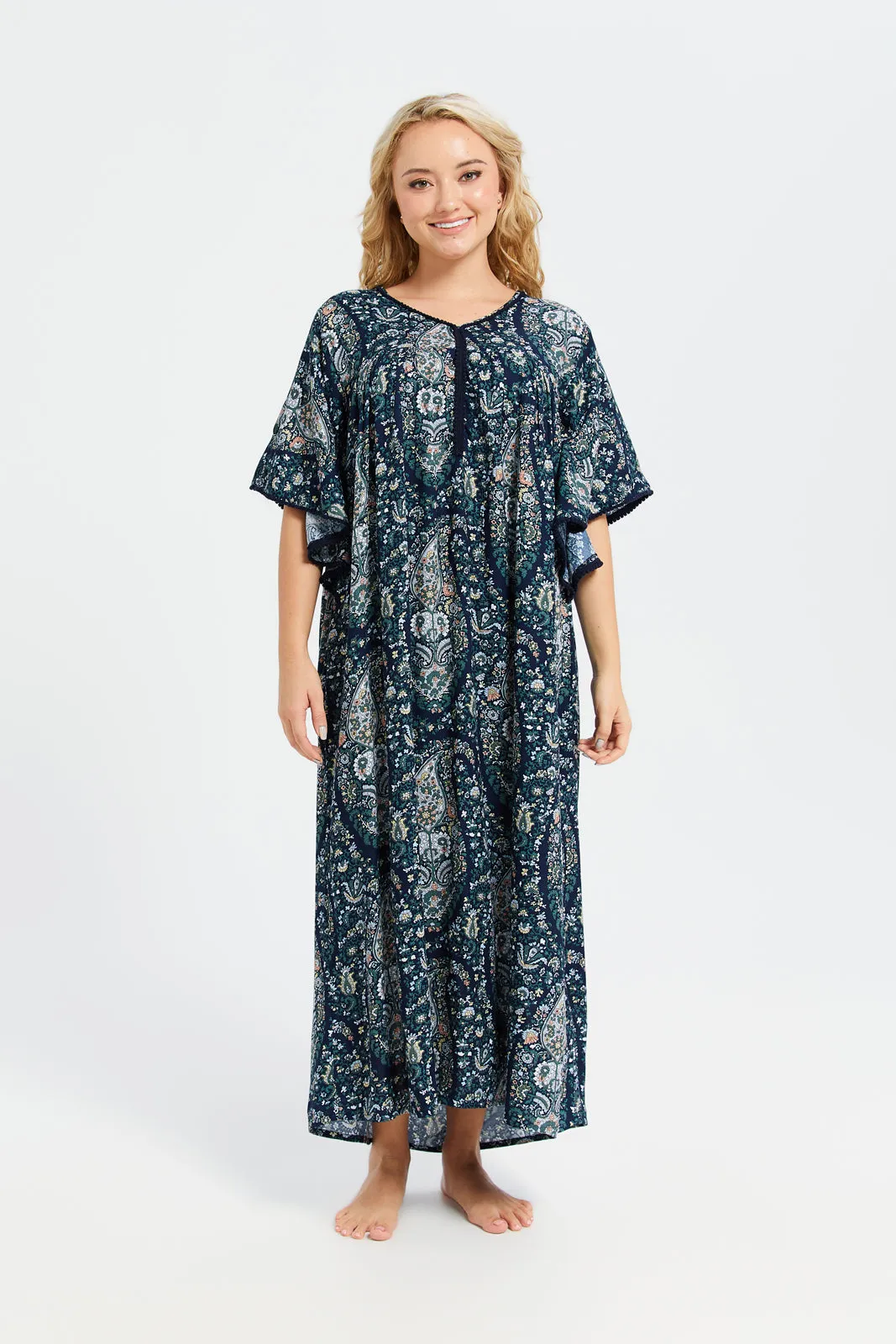 Women Navy Elbow Sleeves Nightgown