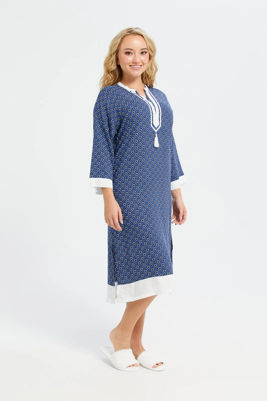 Women Navy Embellished Nightgown