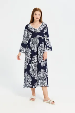 Women Navy Printed V-Shape Nightgown