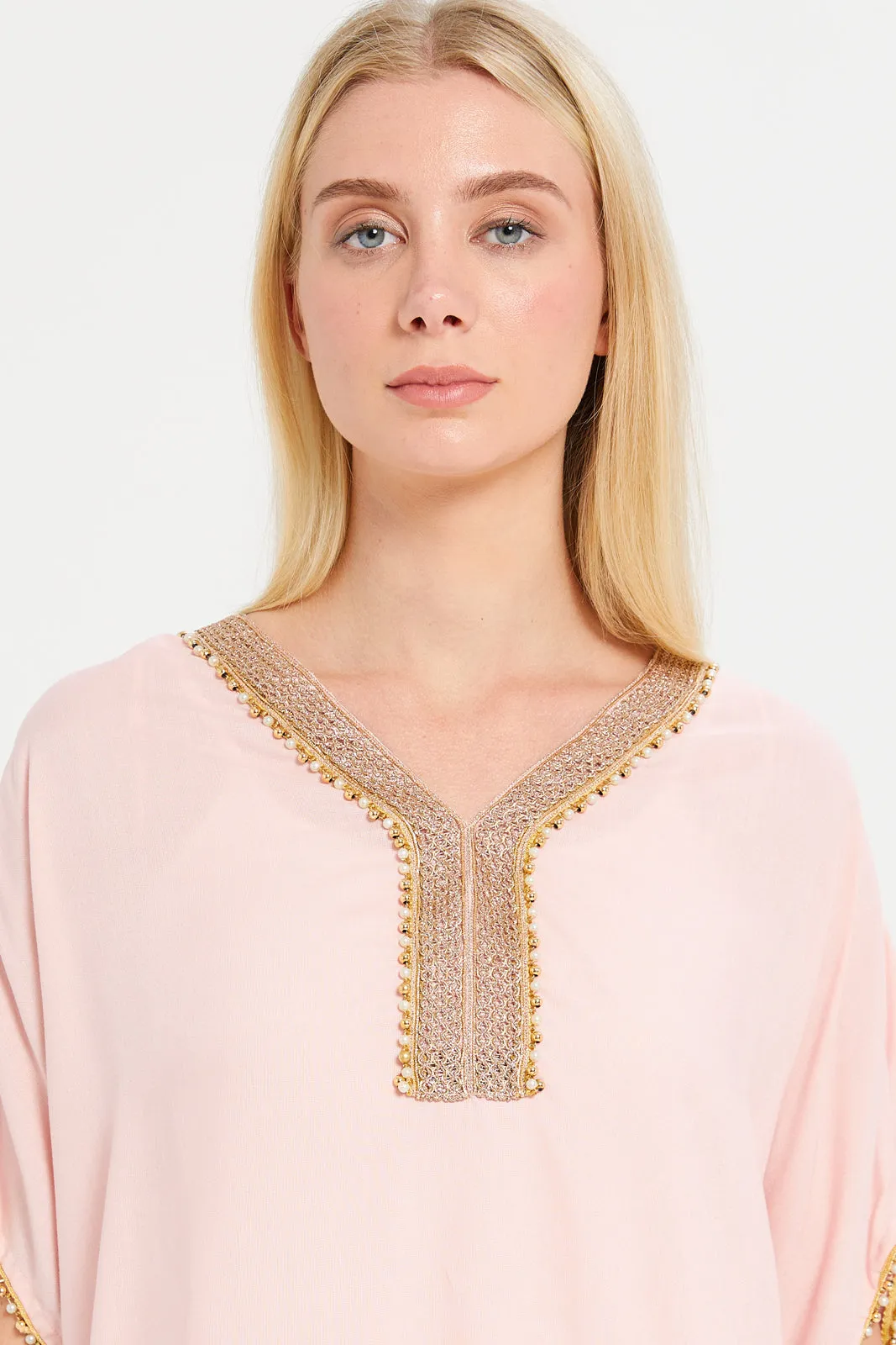 Women Pink Embellished Kaftan Nightgown