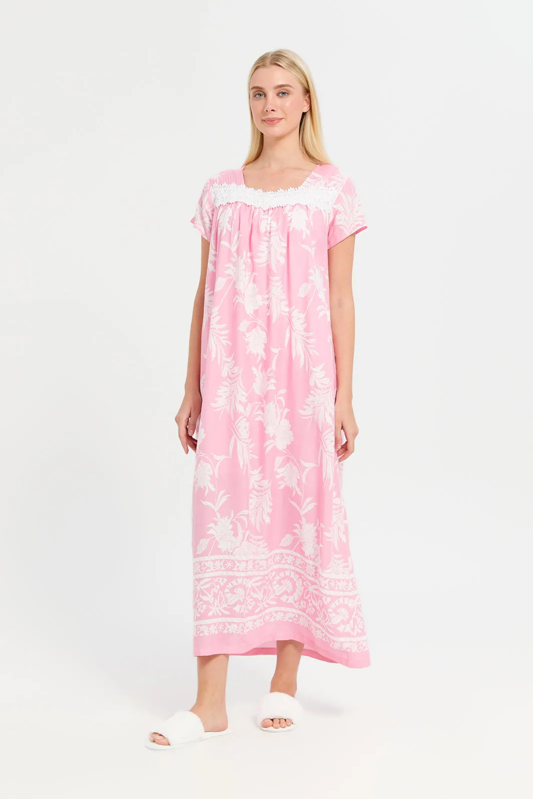 Women Pink Printed Lace Nightgown