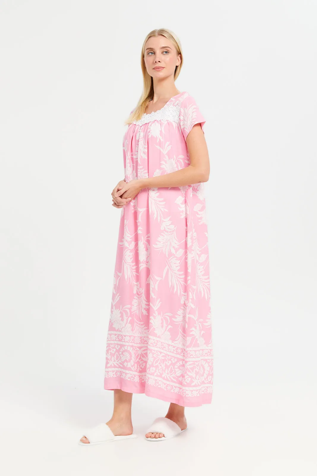 Women Pink Printed Lace Nightgown