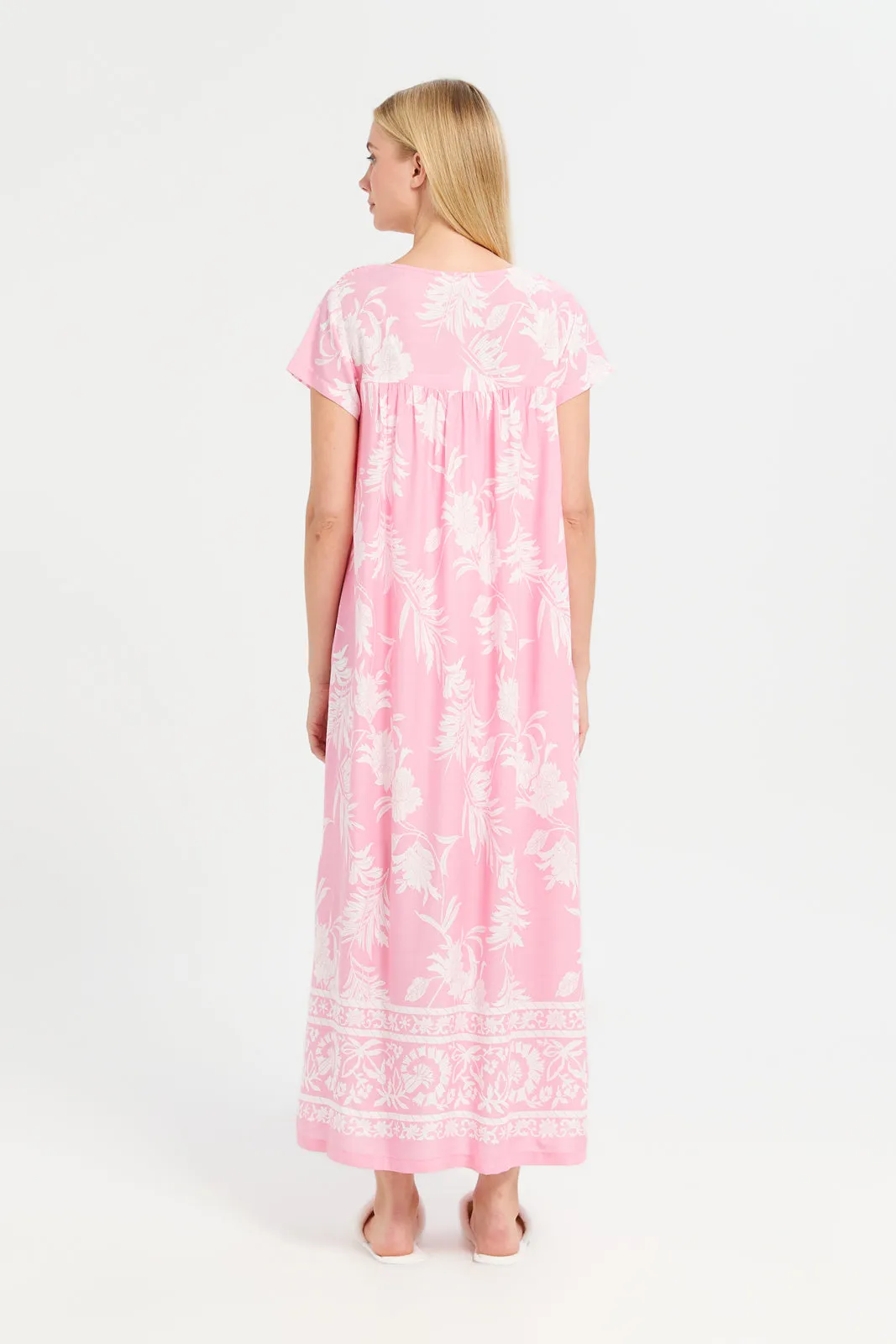 Women Pink Printed Lace Nightgown