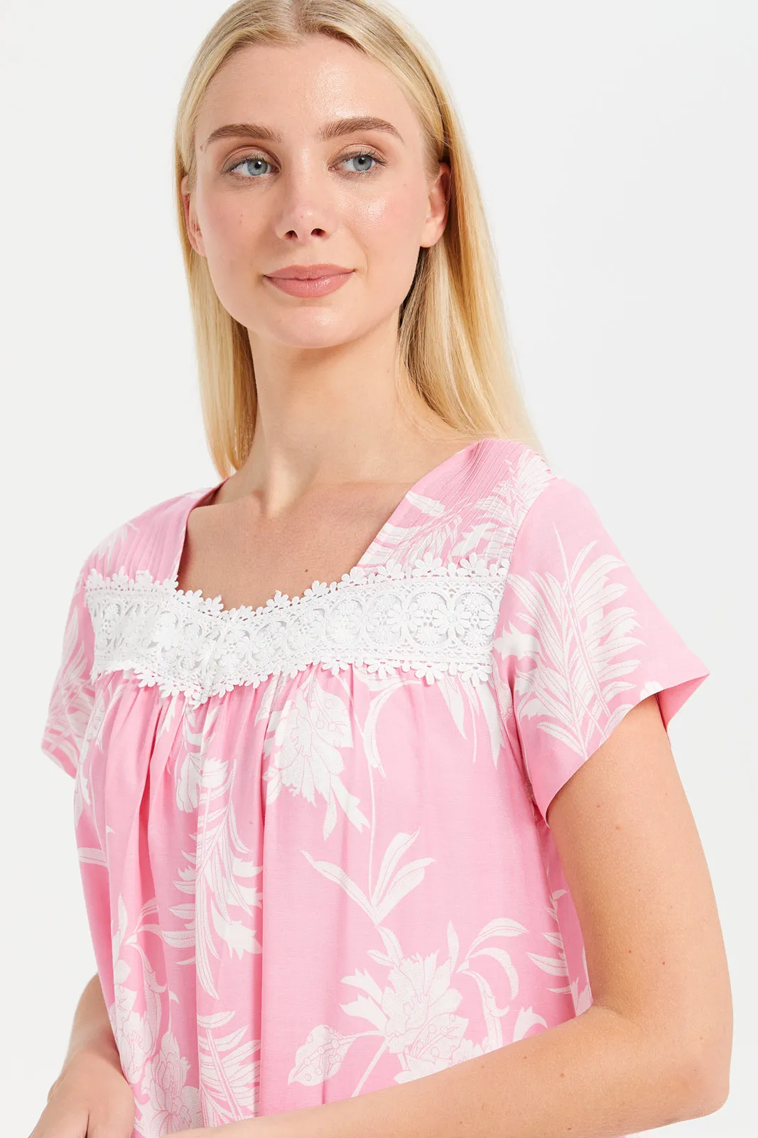 Women Pink Printed Lace Nightgown