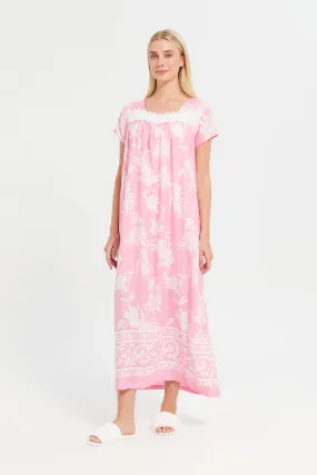 Women Pink Printed Lace Nightgown