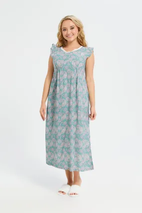 Women Teal Frilled Sleeves Nightgown