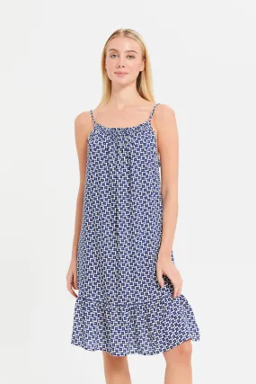 Women White And Navy Printed Nightgown