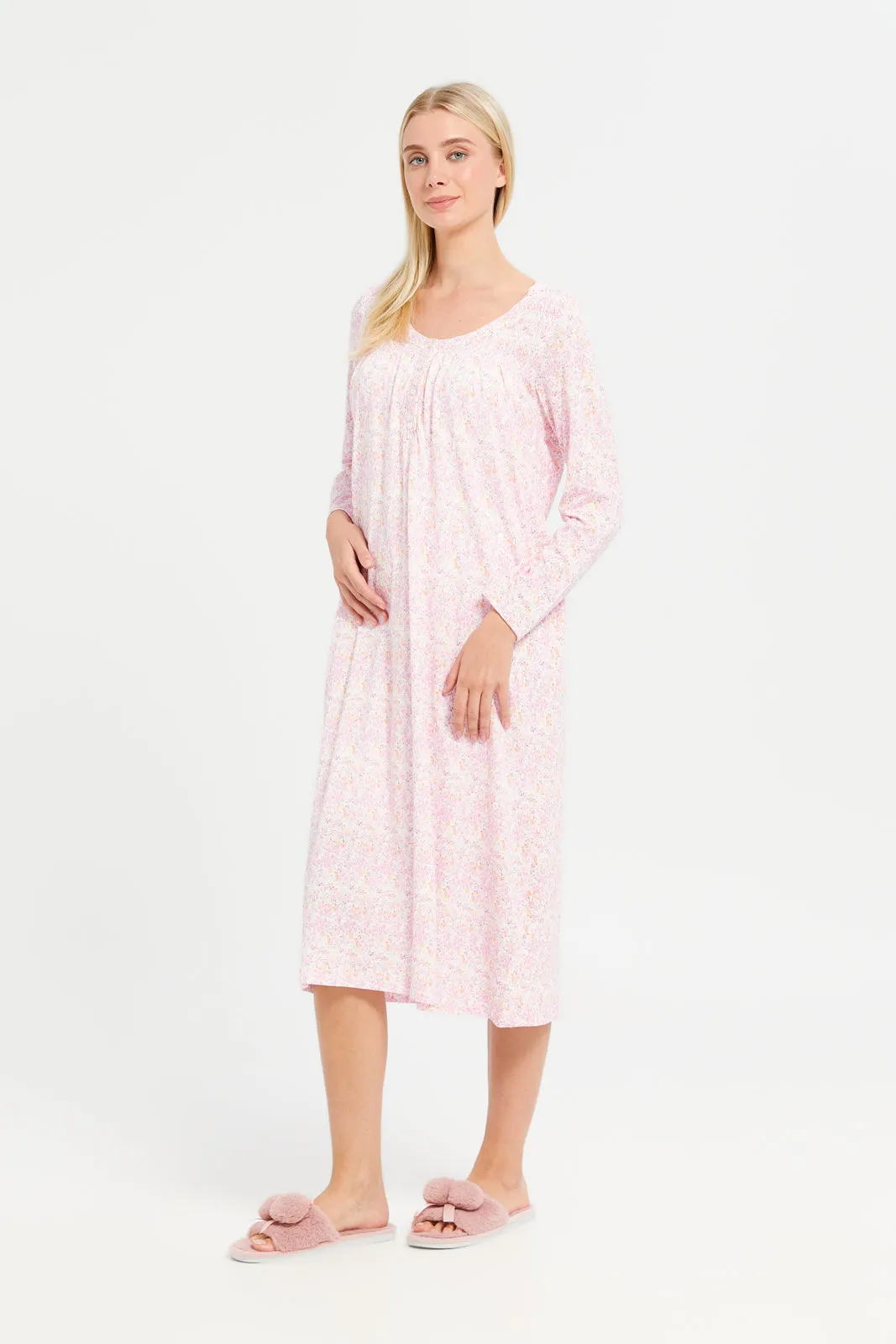 Women White And Pink Printed Nightgown