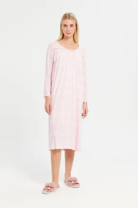 Women White And Pink Printed Nightgown