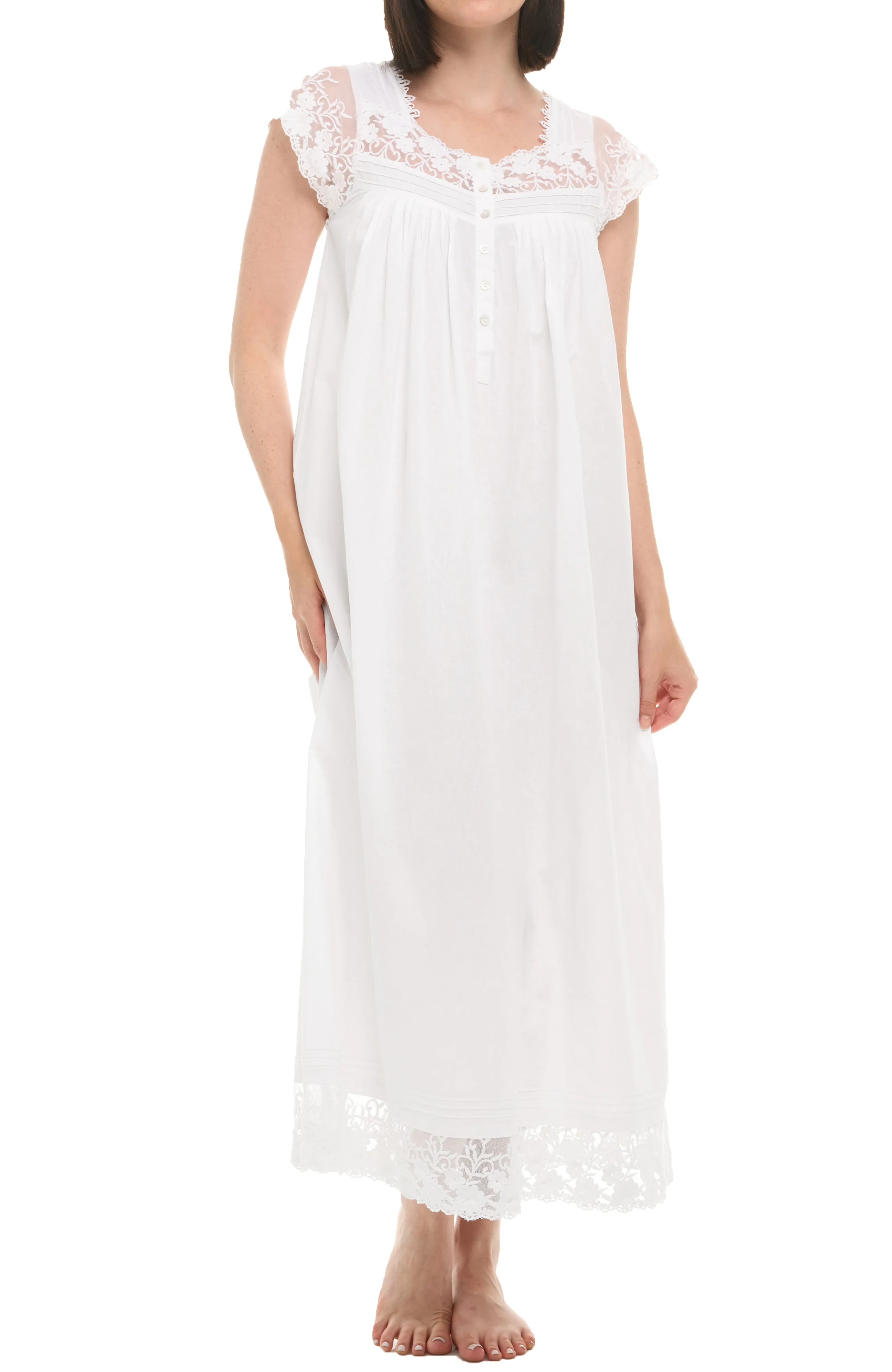 Women's Cotton Lace Trim NightGown , Short Sleeve Button Up Long Vintage Night Dress Gown