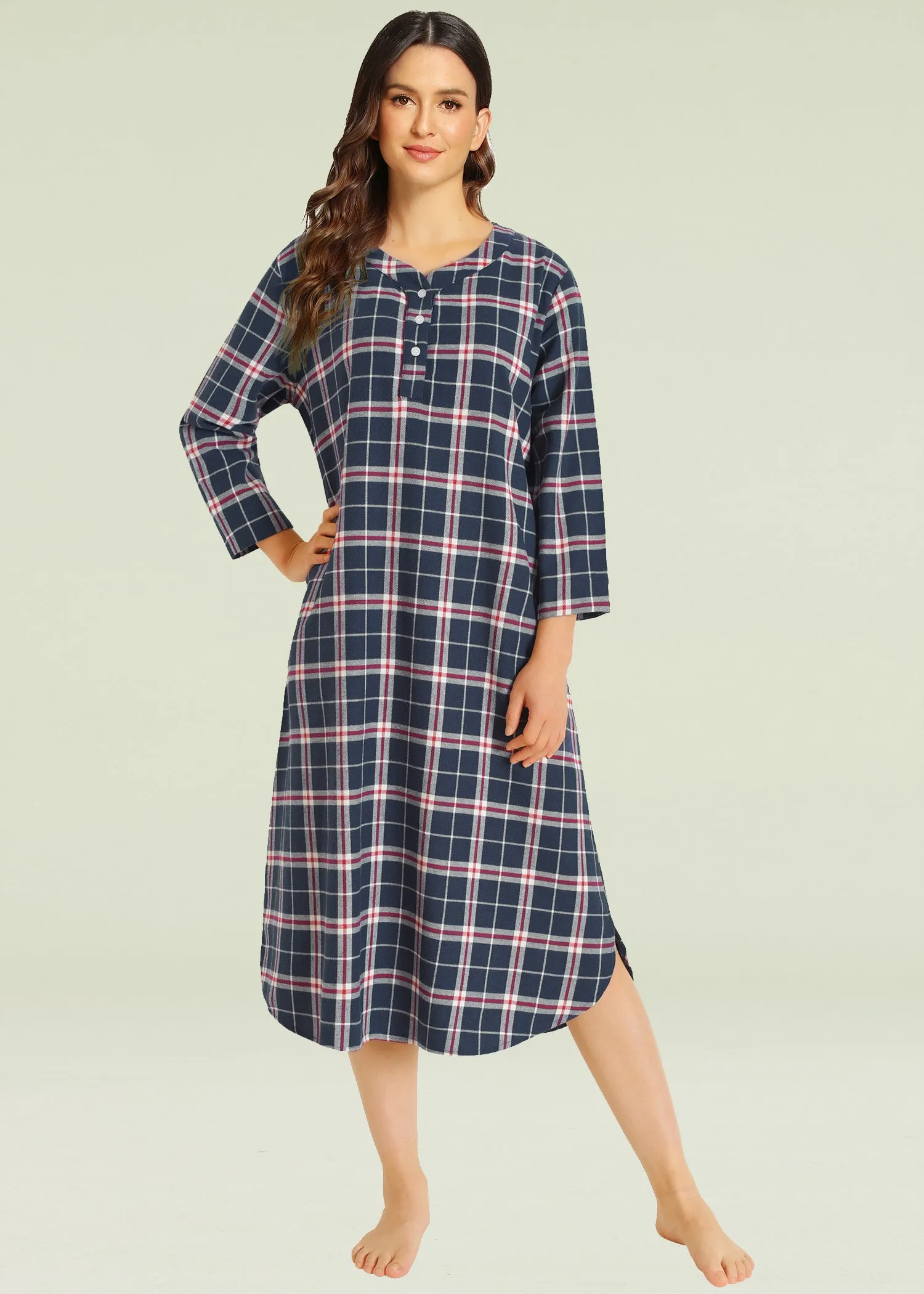 Women's Plaid Flannel Nightgown Warm Cotton Midi Nightgown