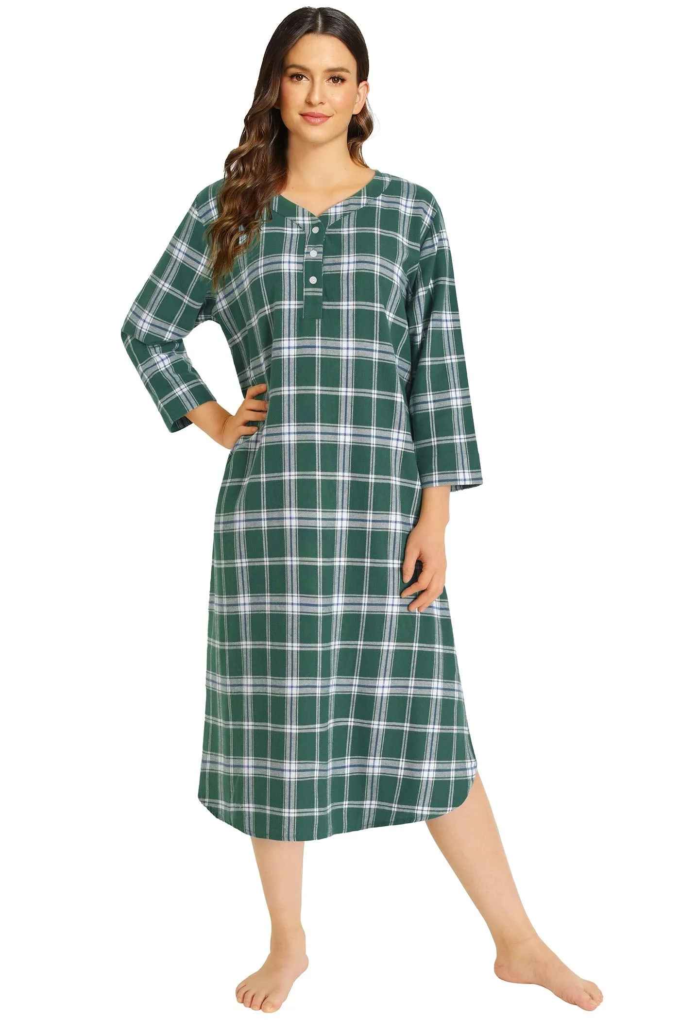 Women's Plaid Flannel Nightgown Warm Cotton Midi Nightgown