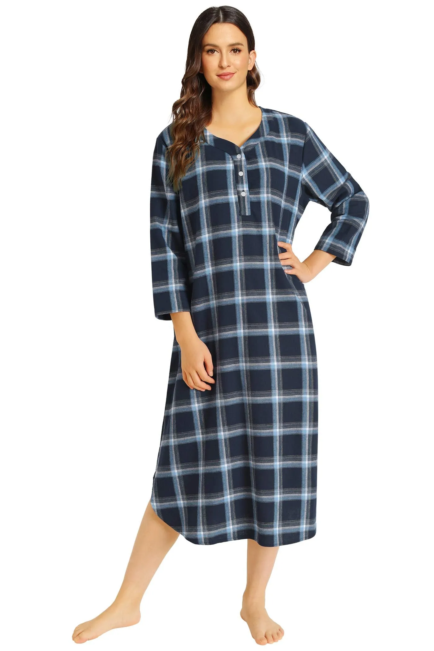 Women's Plaid Flannel Nightgown Warm Cotton Midi Nightgown