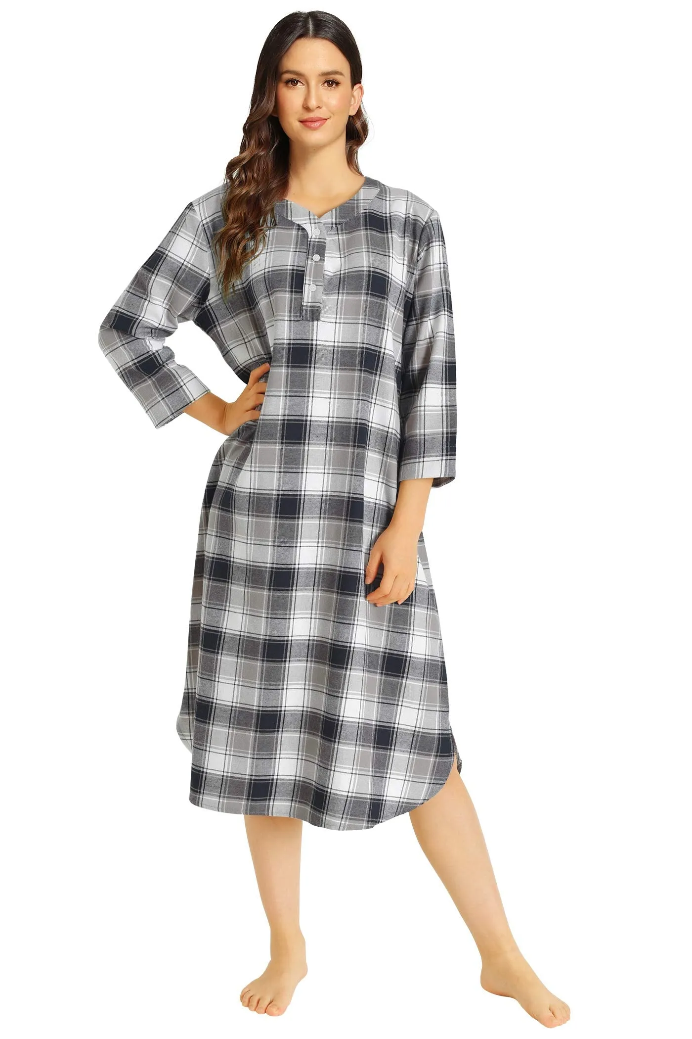 Women's Plaid Flannel Nightgown Warm Cotton Midi Nightgown