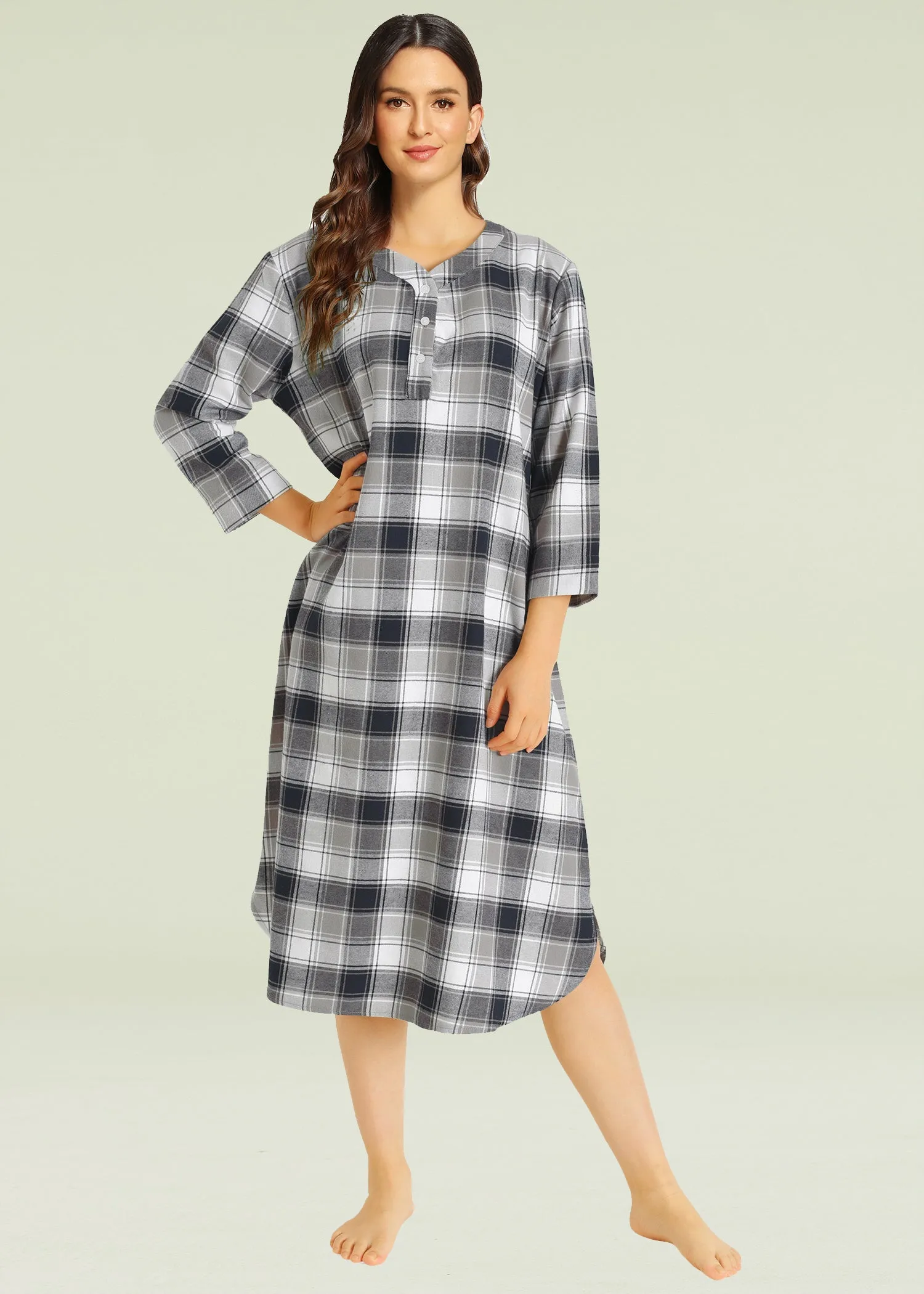 Women's Plaid Flannel Nightgown Warm Cotton Midi Nightgown