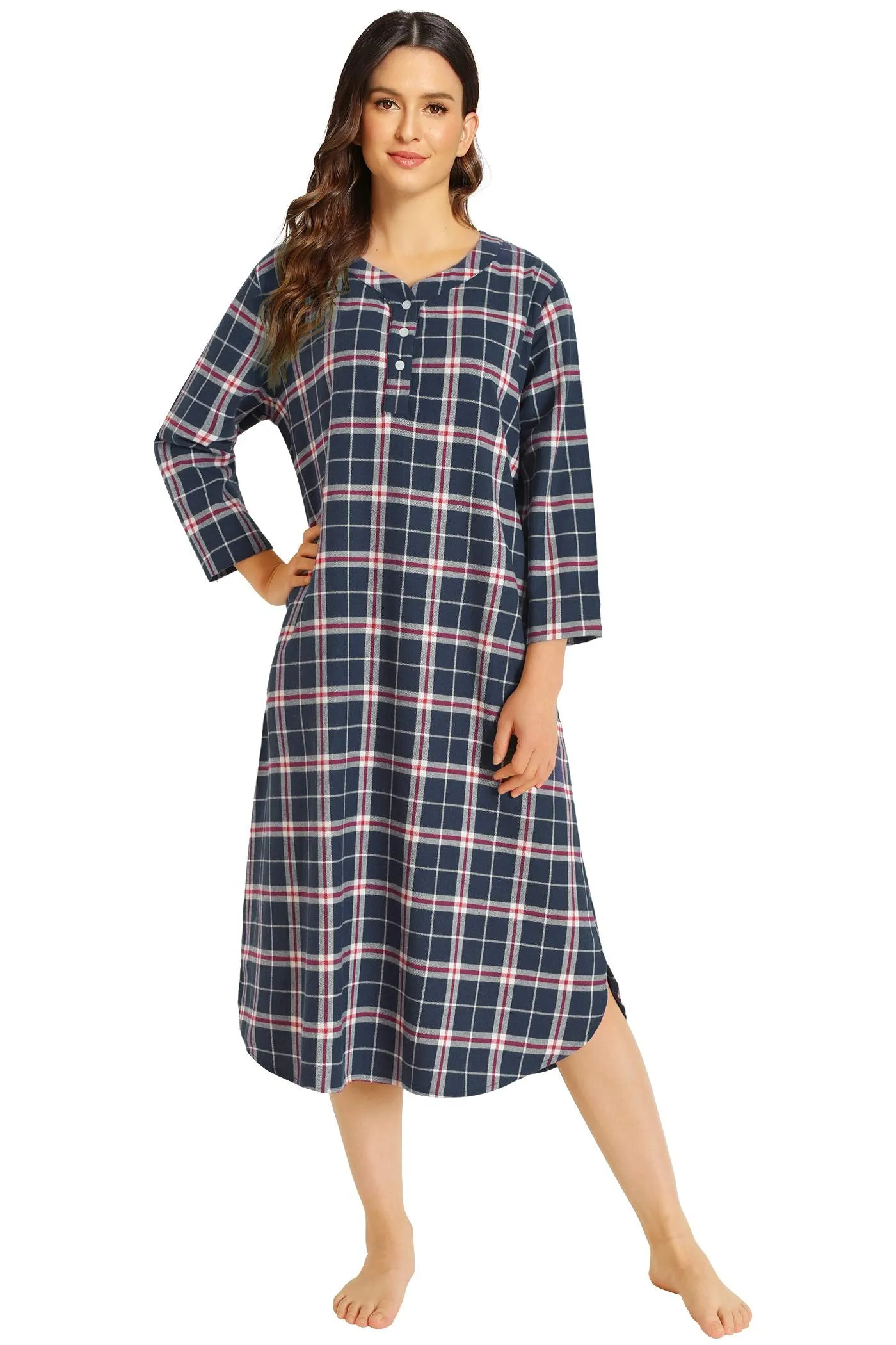 Women's Plaid Flannel Nightgown Warm Cotton Midi Nightgown