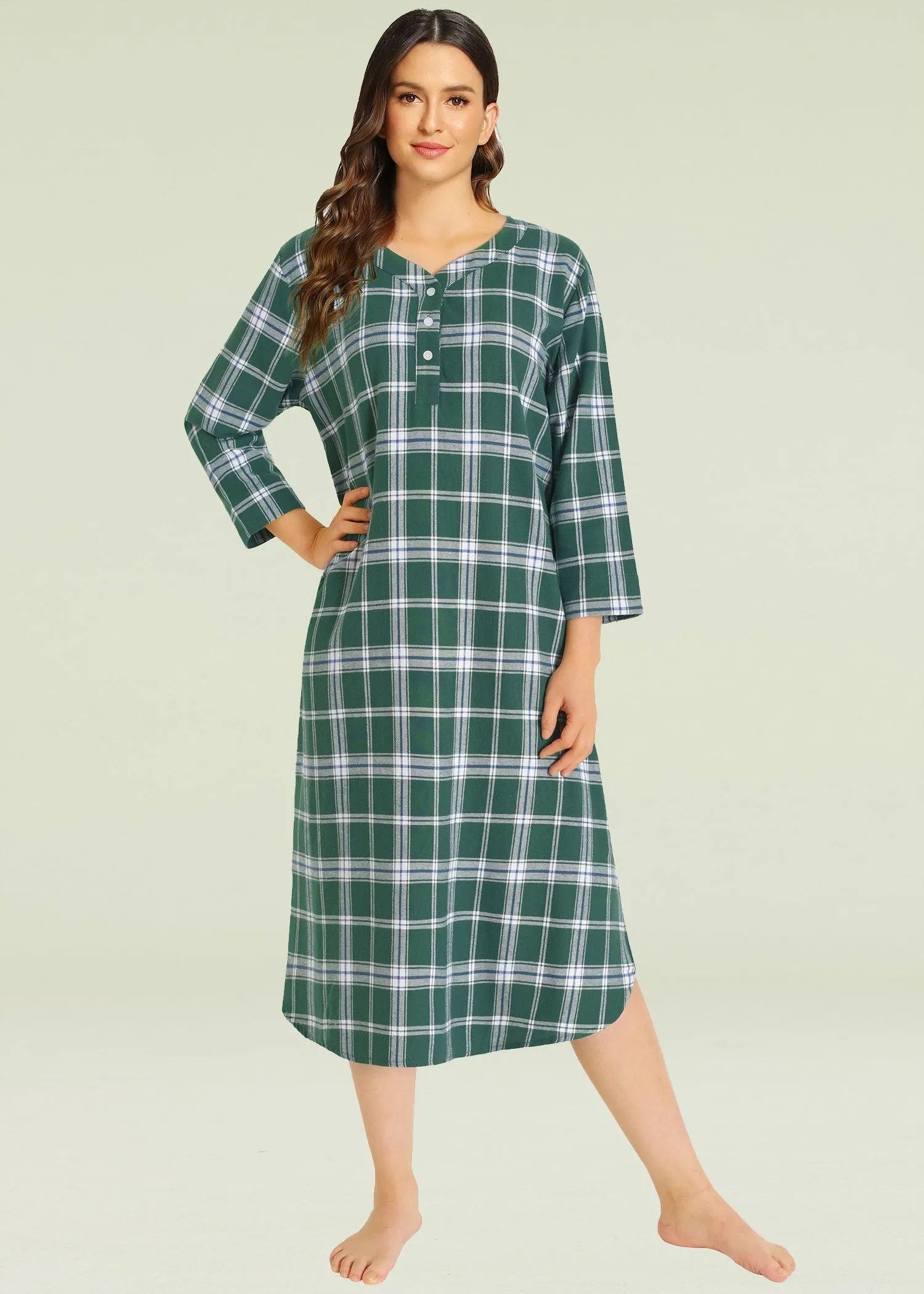 Women's Plaid Flannel Nightgown Warm Cotton Midi Nightgown