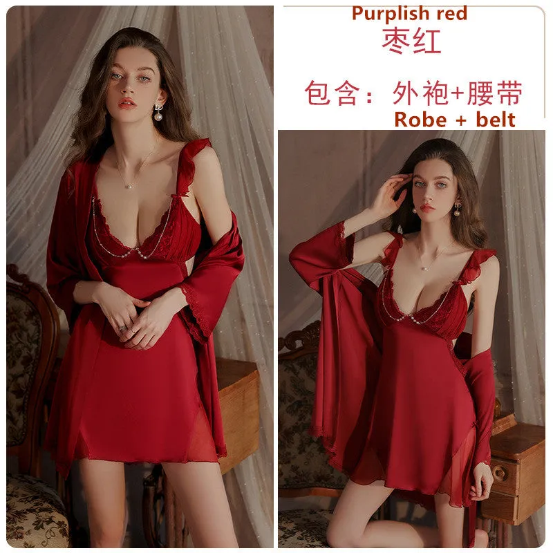 Women's Sling Pajamas Nightgowns Sleeping Skirt Robe Set