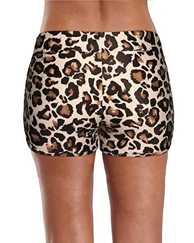 Womens Swim Shorts Drawstring Swimsuit Board Shorts-Leopard